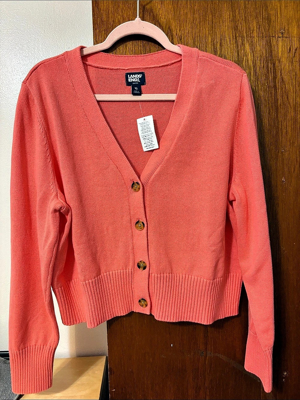 Lands' End Cotton Cardigan Coral XL NWT